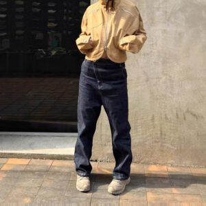 Fashionable, slim, lazy, casual texture, cotton denim, dark misaligned drop crotch raw cow jeans for women