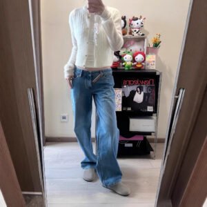Washed distressed mid-low waist jeans for women slimming retro light blue pure cotton loose tube cowhide