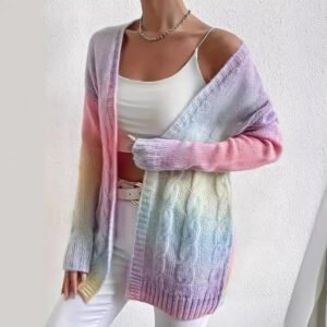 Sweater Women's Cardigan Jacket Rainbow Tie Dye Twist Long Sleeve Sweater