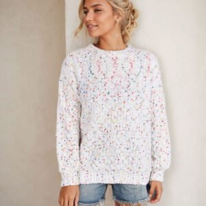 Round neck pullover long-sleeved knitted top colorful dot temperament commuter sweater for women