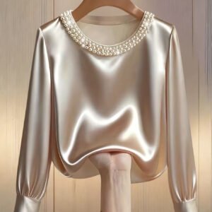 Beaded round neck satin chiffon tops for women spring long sleeve blouses draped tops