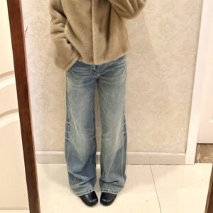 Versatile gun flower texture classic washed blue retro casual mid-low waist jeans for women