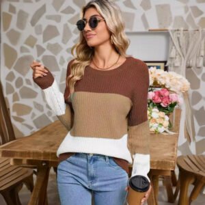 Autumn temperament commuter sweater women's loose long-sleeved round neck pullover striped contrasting sweater