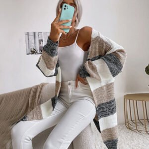 Autumn Loose Sweater Women's Striped Contrast Color Cardigan Knitted Versatile Jacket Factory
