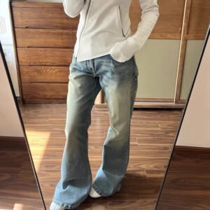 Retro bootcut jeans, slimming, long legs, mid-waist, long in the front, short in the back, flared denim trousers for women