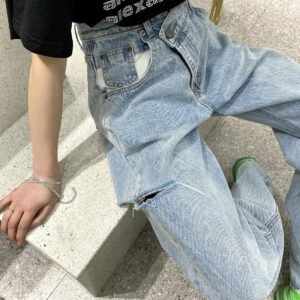 New Retro High Waist Hyuna Daddy Jeans White Pocket Ripped Denim Carrot Pants Long Pants Women