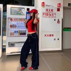 Retro dark-baked black and blue topstitched loose, lazy workwear jeans for women, versatile wide-leg trousers