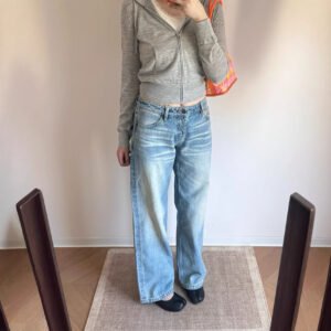 Slim mid-high-waisted low-waisted retro heavily washed cotton denim trousers