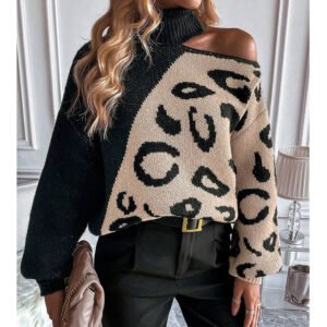Sweater Feminine Off-Shoulder Leopard Print Stitching Turtleneck Pullover Sweater Factory