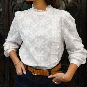Women's Spring and Autumn High-Quality Celebrity Round Neck Puff Sleeve Top with Buttons and Earrings Embroidery