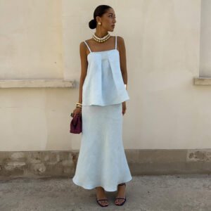 Cotton suspender skirt suit, lazy suspender + fishtail skirt long skirt suit