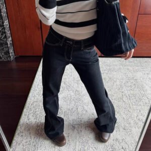 Top-stitched stitching slimming butt lift mid-low waist twisted bone line slightly flared denim trousers for women