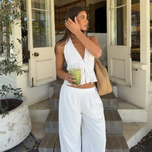 Halter neck vest + trousers two-piece set, strappy vest, wide-leg trousers, pure cotton set