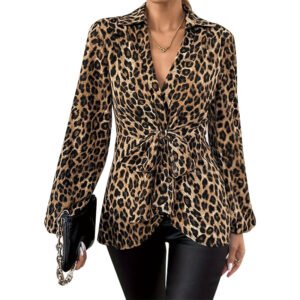 Long-sleeved top spring leopard print tie-up elegant long-sleeved shirt