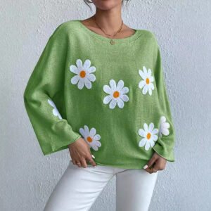 Women's round neck embroidered flower loose one shoulder pullover sweater