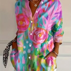 Ladies Lapel Shirt Flower Print Shirt Women Loose Fashion Top