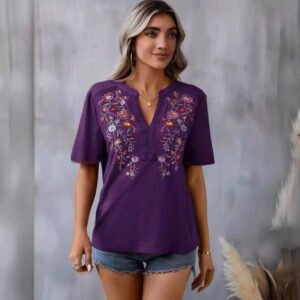 Short-sleeved embroidered tops for women, artistic retro shirts for women, loose temperament