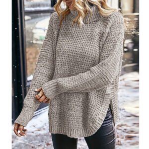 Women's sweater fashion high lapel slit pullover long sleeve sweater for women