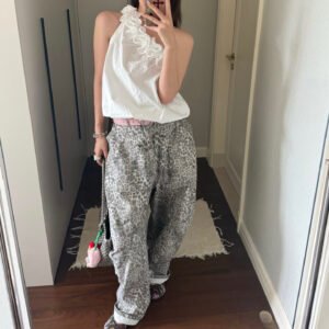 Retro distressed versatile silhouette washed leopard print jeans for women, lazy and relaxed, fashionable floor-length scimitar pants