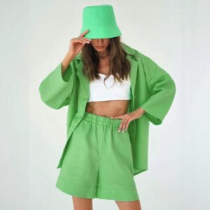 Pure cotton shorts suit for women, summer lapel loose single-breasted shirt + high-waisted trousers two-piece set