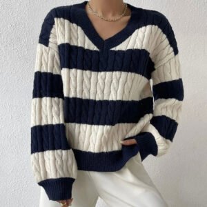 Sweater Women's Versatile Pullover Collar Long Sleeve Twist Striped Contrast Color Sweater