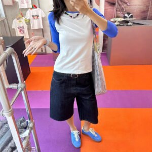 Versatile slimming classic red-eared raw cow low-waisted cut loose-fitting denim mid-length pants for women