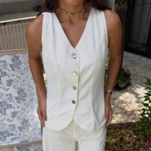 White vest, cropped pants two-piece set, women's button-down vest, wide-leg pants suit
