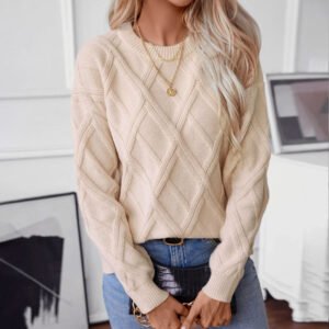 Sweater women's knitted sweater diamond twist loose round neck pullover top factory