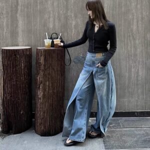 Retro washed slimming reversible deconstructed denim banana pants fake two piece denim wide leg pants for women