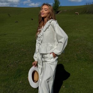 Pure cotton shirt and trousers suit doll collar shirt wide leg trousers casual suit for women