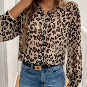 Elegant leopard print long sleeve loose shirt top