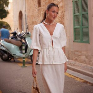 Pure cotton skirt suit for women, puff sleeve shirt + long skirt casual suit for women