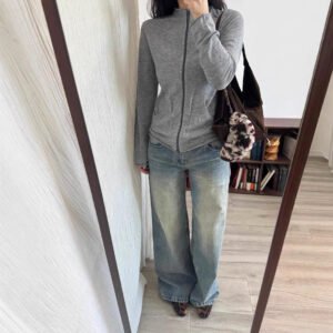 Retro washed blue otaku three-dimensional whiskering pleated mid-low waist denim casual pants for women