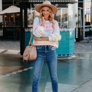 Pullover striped crew neck sweater loose long sleeve rainbow sweater for women