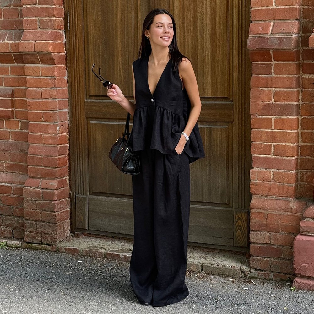 Sleeveless top and trousers suit, elegant ruffled vest and wide-leg pants suit