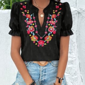 Floral embroidered ruffle shirt women's collared pullover top for women