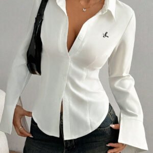 Women's Solid Color Long Sleeve Single Breasted Slim Fit Business Casual Embroidered Shirt Elegant Vacation Top