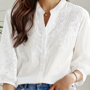 White embroidered shirt for women, three-quarter sleeve shirt, commuting temperament, solid color shirt top
